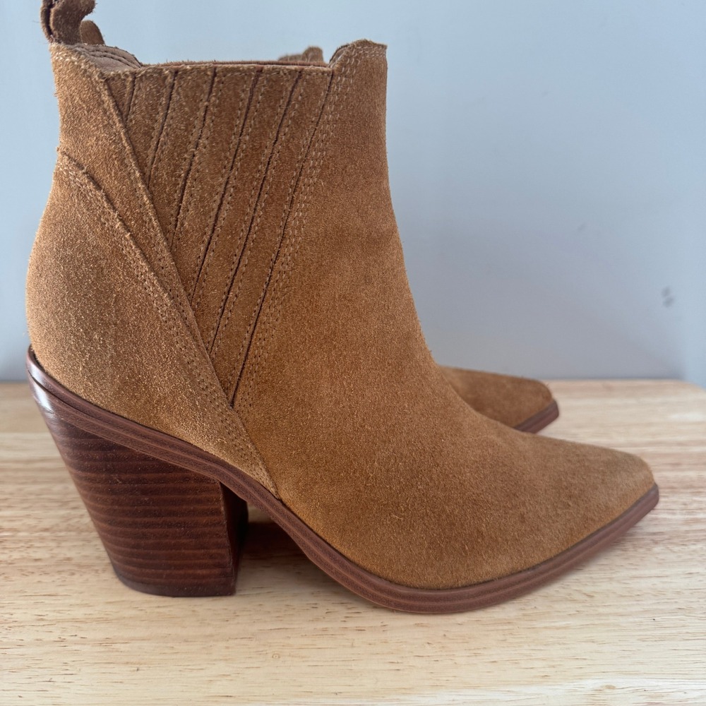 Marc Fisher Alva Ankle Boots Size 7.5 Brown Suede Pointed Toe Western Block Heel